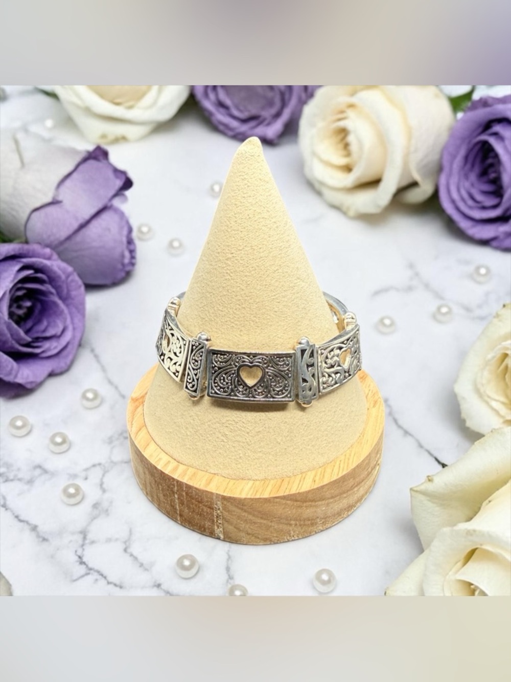 🩶Silver Tone Filigree Heart Panel Link Bracelet/EUC🩶